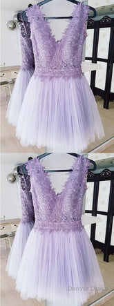 A-Line Deep V-Neck Backless Lilac Short Homecoming Dress With Lace